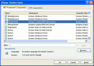 Visual Studio Choose Toolbox Items dialog