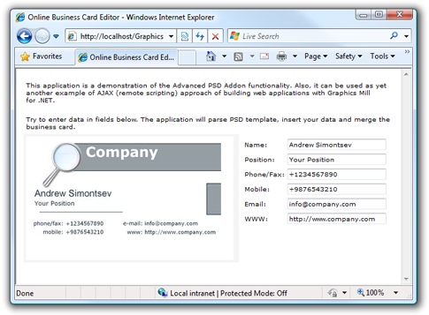 Business card editor screenshot.