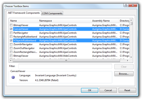 Visual Studio Choose Toolbox Items Dialog