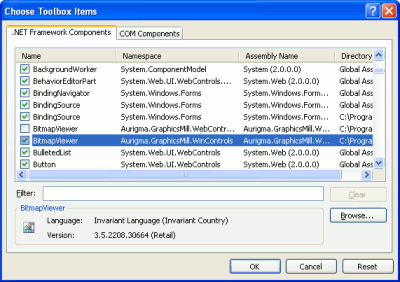 Visual Studio Choose Toolbox Items dialog