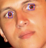 Red-eyed photo with highlighted original (red) and aligned (blue) blobs.