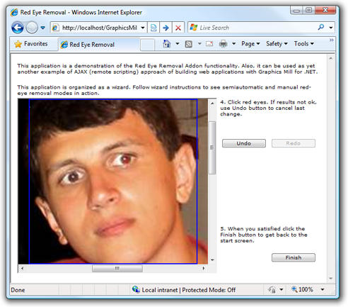 Red-eye effect removal tool screenshot.