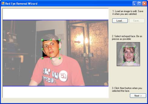 Red-eye removal wizard: step 1. Face selection.