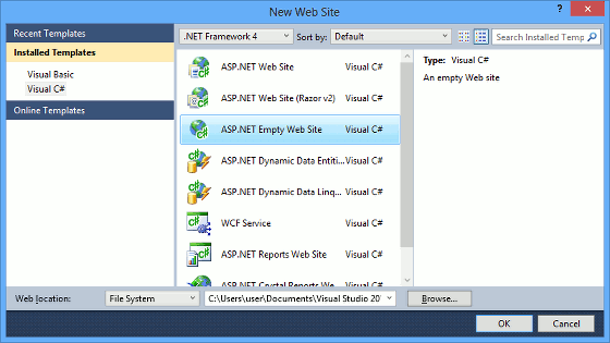Visual Studio Create New Web Site Dialog